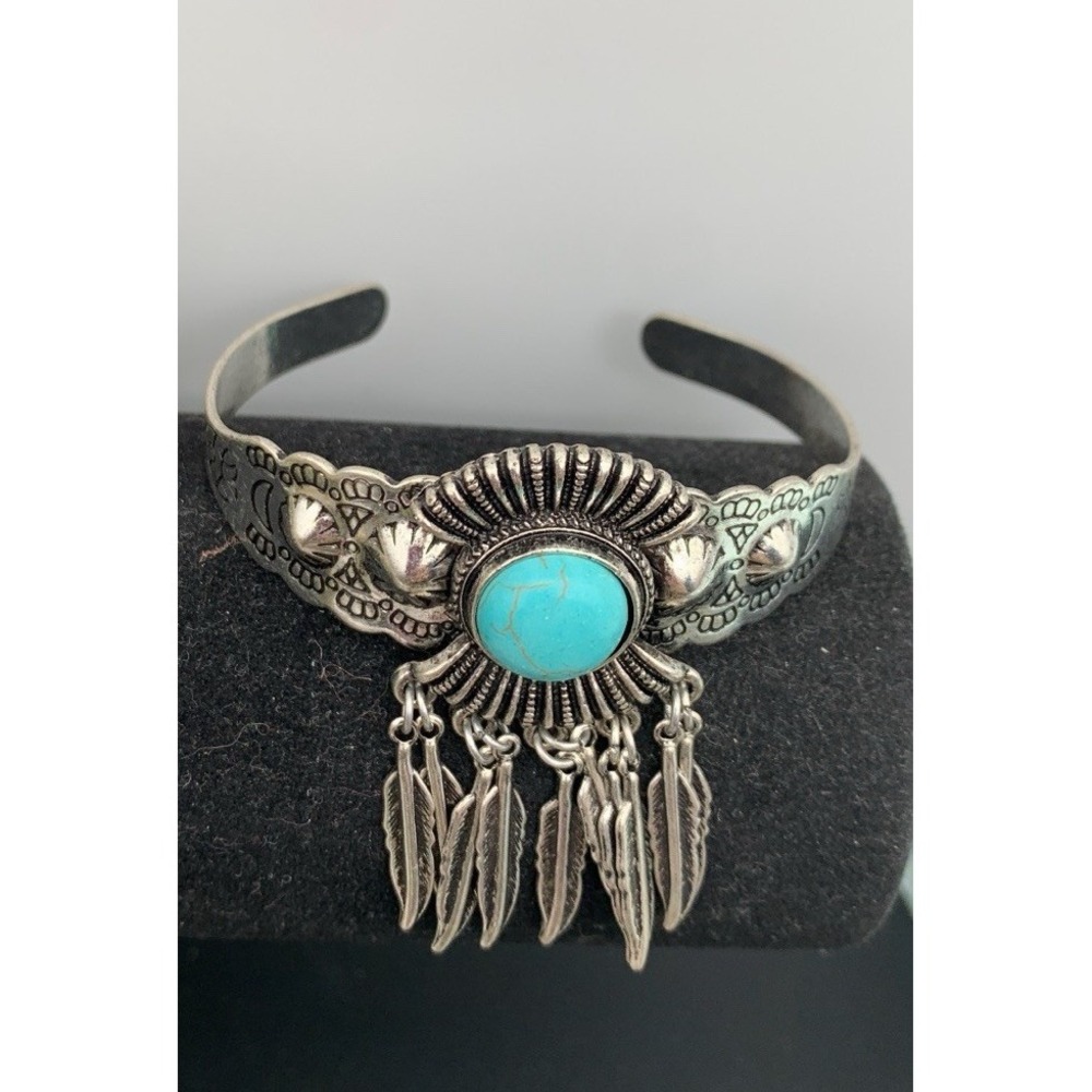 Silver Tone Etched Faux Turquoise Cuff Bangle Bracelet With Feather Dangles Boho - Picture 2 of 7